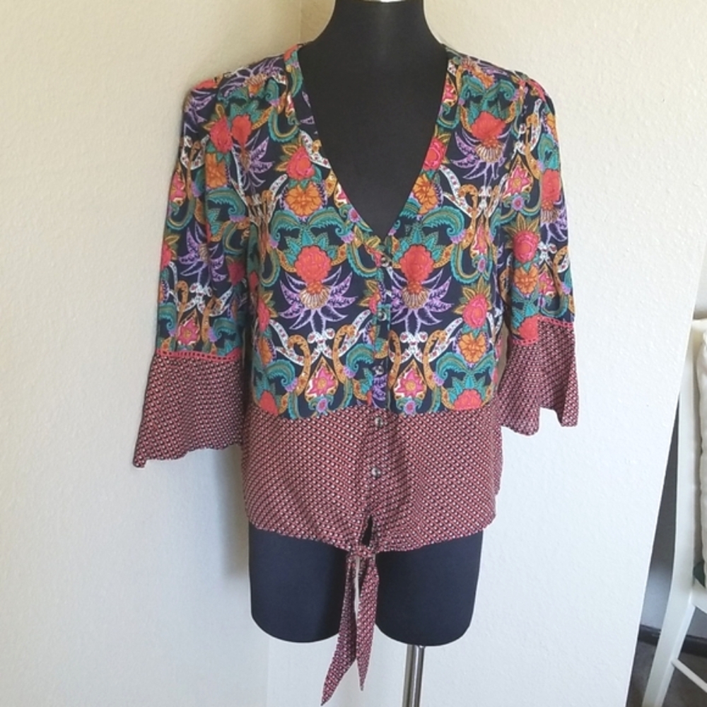 New Anthropologie Mauve Tie Front Floral Blouse Size 14 - Picture 2 of 10